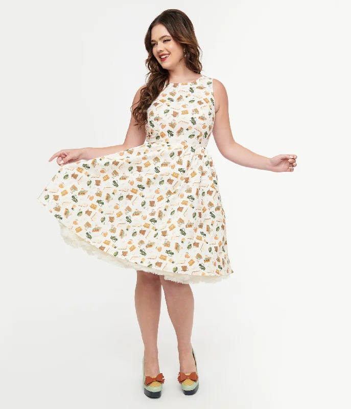  Boutique Dress OnlineRetrolicious 1950s Cream Book & Tea Print Cotton Swing Dress Boutique Dress Online