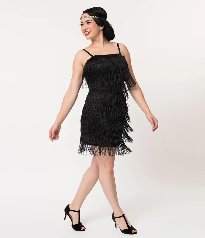  Women's Workout GarmentsUnique Vintage 1920s Style Black Speakeasy Tiered Fringe Flapper Dress Women's Workout Garments