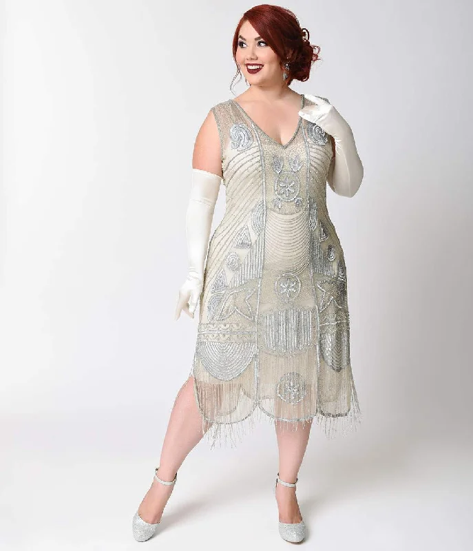  Online Clothing StoresSpecial Order - Unique Vintage Plus Size 1920s Style Silver Hand Beaded Fringe Bosley Flapper Dress Online Clothing Stores