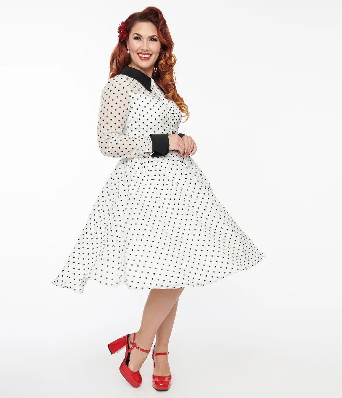  High-Fashion Women's ClothingUnique Vintage 1950s Ivory & Black Polka Dot Tulle Swing Dress High-Fashion Women's Clothing