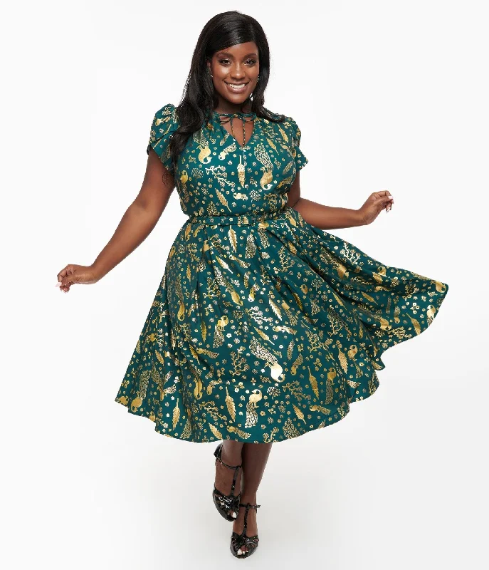  Women's Holiday ClothingUnique Vintage Plus Size 1940s Green & Gold Peacock Print Dahlia Swing Dress Women's Holiday Clothing