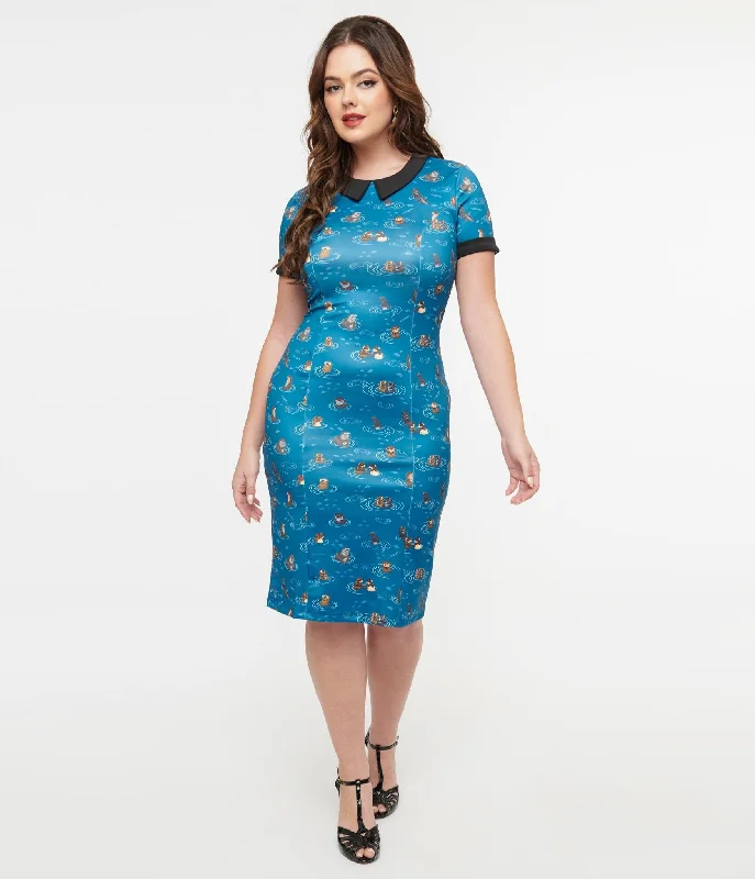  Weekend SaleDolly & Dotty 1950s Blue Otter Print Toni Wiggle Dress Weekend Sale