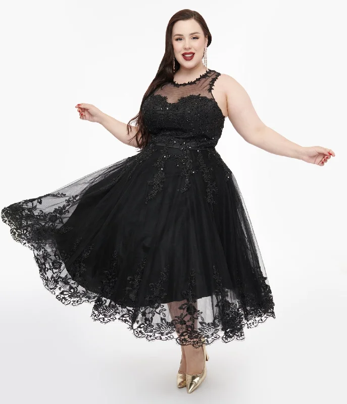  Sporty StreetwearUnique Vintage Plus Size 1950s Black Lace & Tulle Riviera Dress Sporty Streetwear