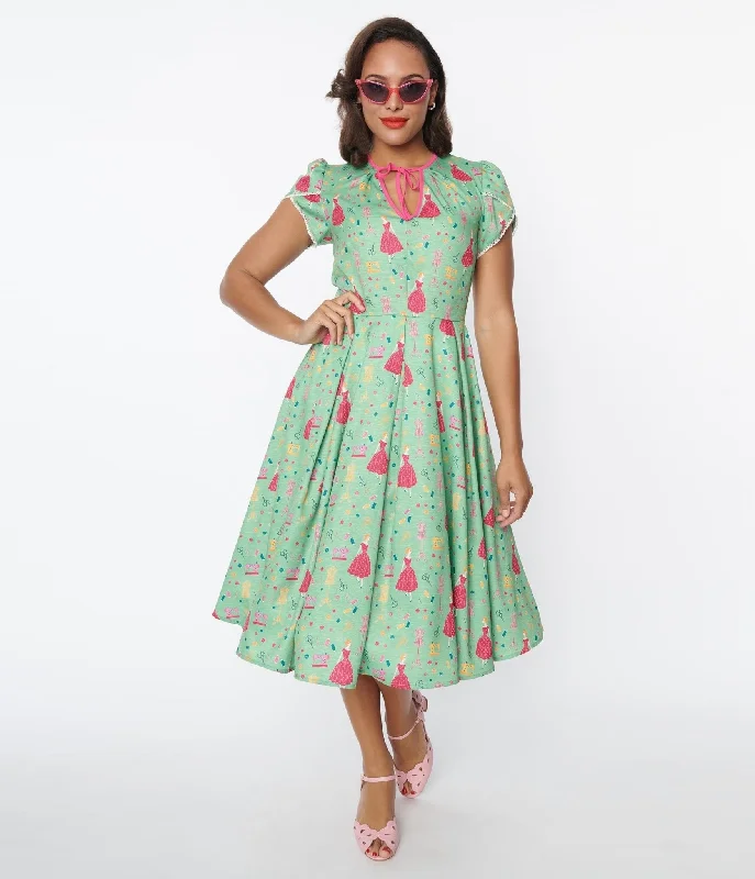  Women's Activewear ApparelUnique Vintage 1940s Sage & Retro Sewing Print Dahlia Swing Dress Women's Activewear Apparel