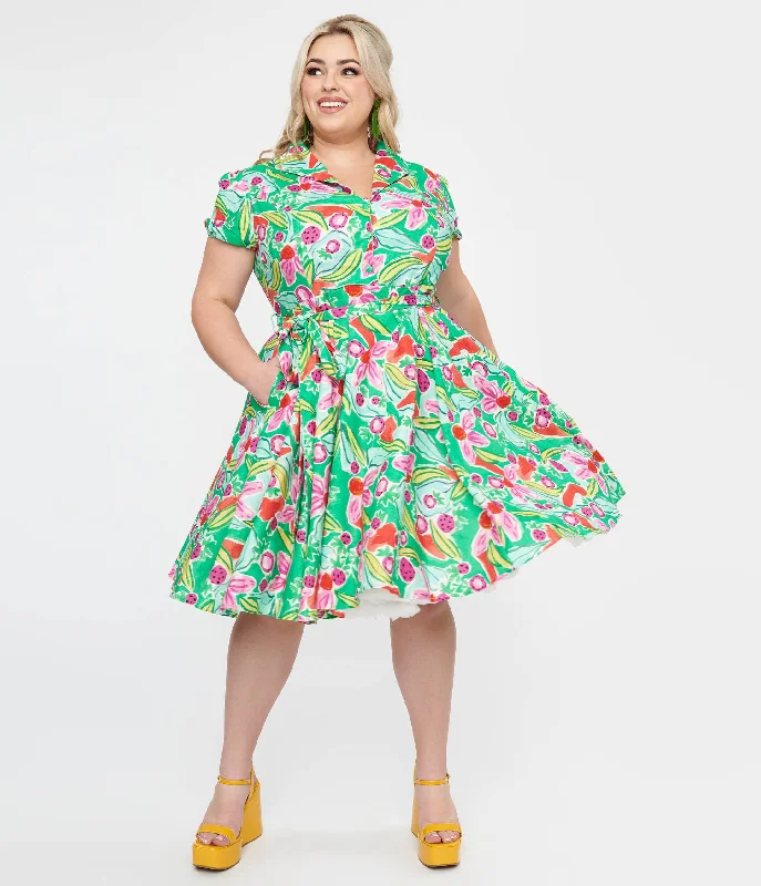  Women's Clothing SetsPlus Size 1950s Green & Pink Berry Bloom Print Monroe Fit & Flare Dress Women's Clothing Sets