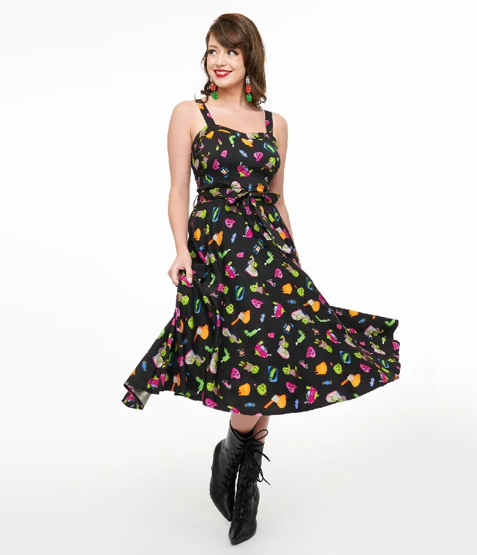  Women's Elegant Garments1950s Black Zombie Print Lori Swing Dress Women's Elegant Garments