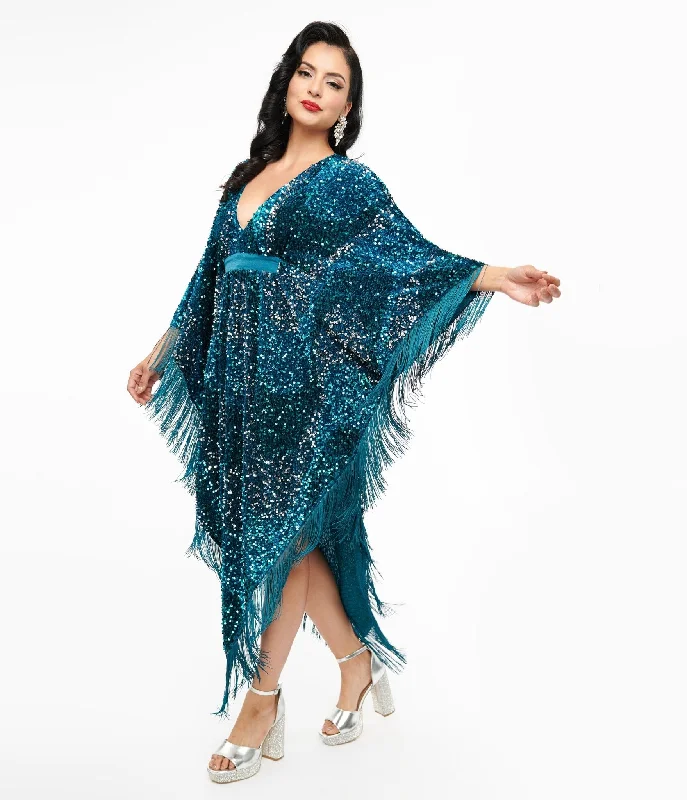  Women's Clothing With Trendy DesignsSmak Parlour 1970s Teal Sequin Fringe Caftan Dress Women's Clothing With Trendy Designs