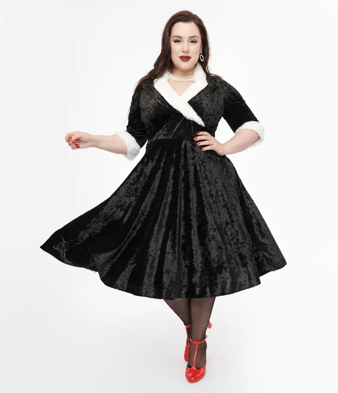  Clothing SalesUnique Vintage Plus Size 1950s Black Crushed Velvet & White Fur Delores Swing Dress Clothing Sales