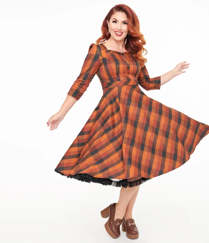  Minimalist Women's Fashion ClothingHearts & Roses Brown & Orange Check Caitlin Swing Dress Minimalist Women's Fashion Clothing