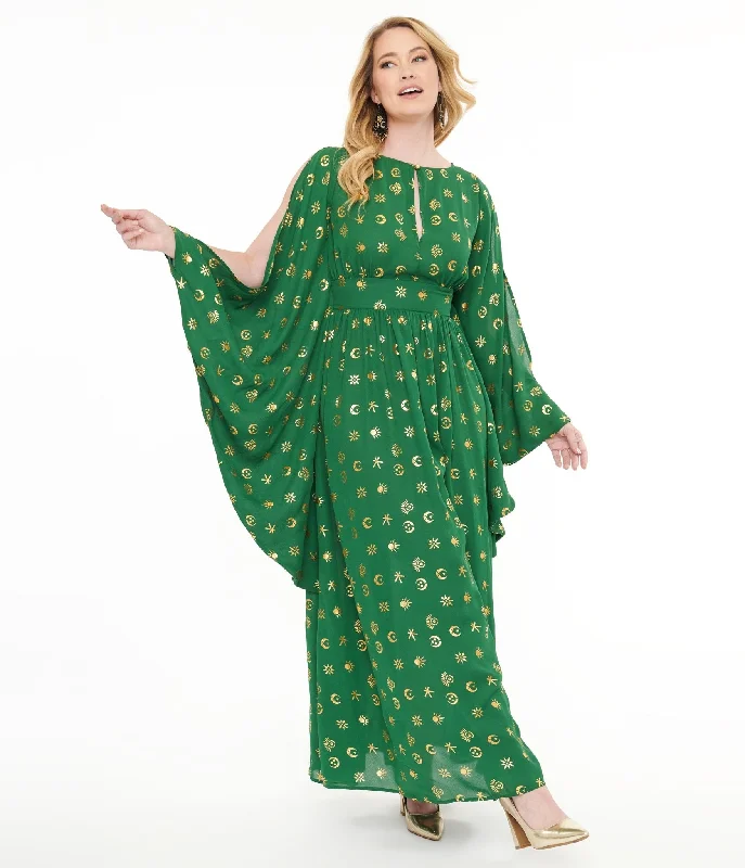  Women's Vintage GarmentsDisney Hocus Pocus Collection by Unique Vintage Green & Gold Moon Print Caftan Women's Vintage Garments