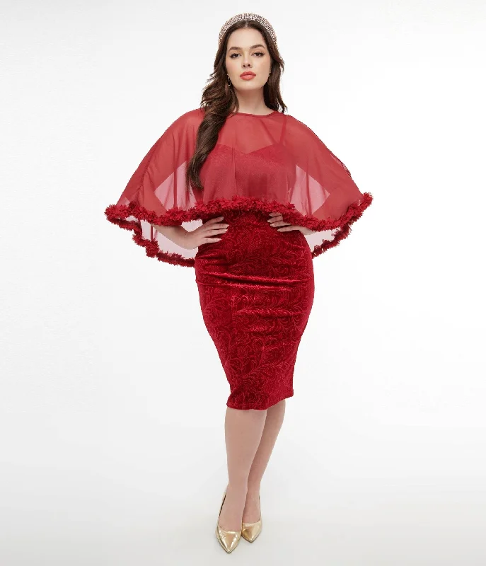  Women's Clothing BrandsUnique Vintage 1960s Red Velvet Ruffle Capelet Wiggle Dress Women's Clothing Brands