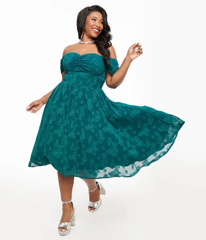  Women's Clothing SaleUnique Vintage Plus Size 1950s Teal Jacquard Off Shoulder Flare Dress Women's Clothing Sale