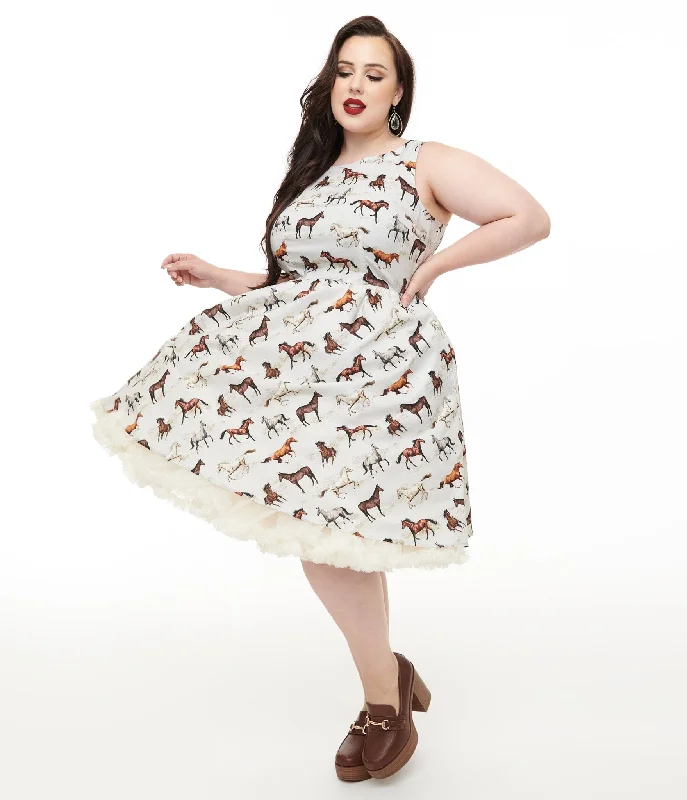  Affordable Online BoutiquesRetrolicious Plus Size 1950s White & Brown Horse Print Cotton Swing Dress Affordable Online Boutiques