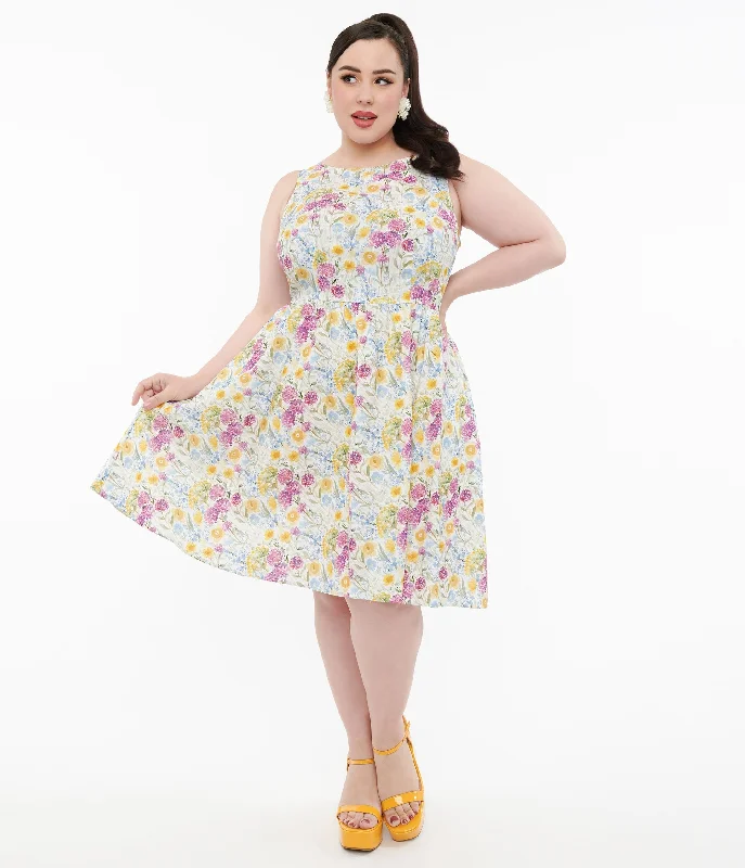  Women's Office ClothingRetrolicious Plus Size 1950s Vintage Style Wildflower Cotton Swing Dress Women's Office Clothing