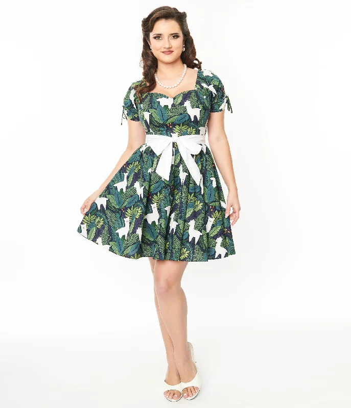  Affordable Fashion Clothing For WomenUnique Vintage 1950s Green Leaf & Llama Print Cotton Dakota Flare Dress Affordable Fashion Clothing For Women