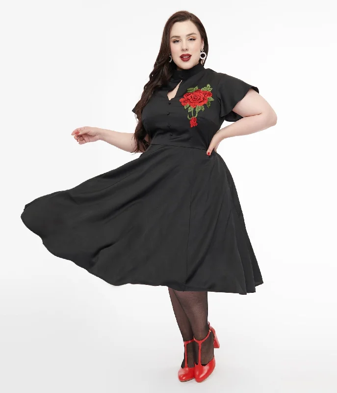  Flash Sales This WeekUnique Vintage Plus Size 1940s Black & Red Poinsettia Baltimore Swing Dress Flash Sales This Week