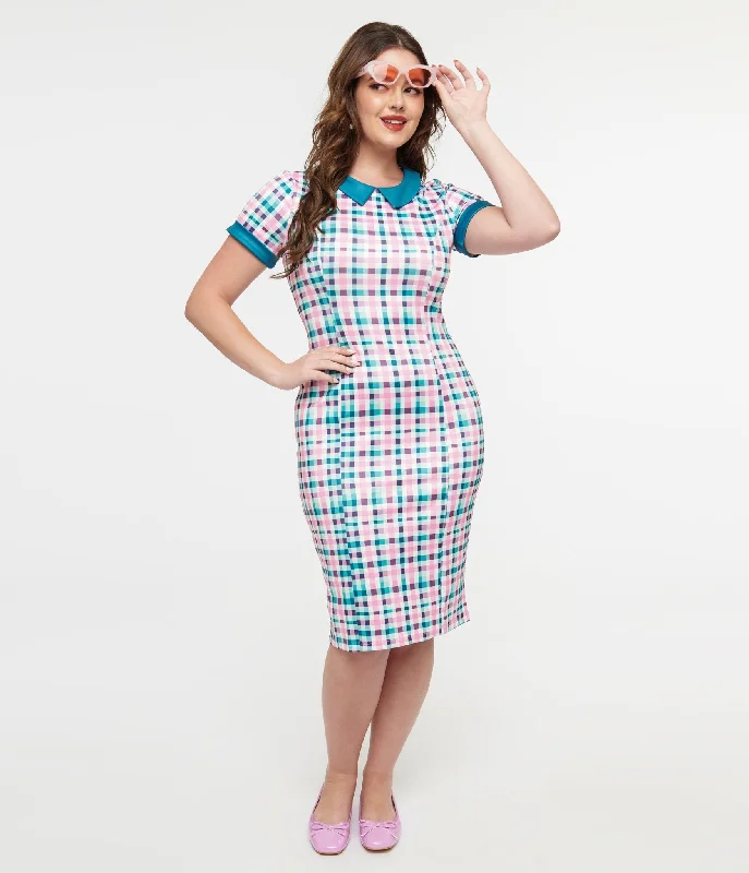  Timeless Women's ClothingDolly & Dotty 1950s Pink & Teal Plaid Toni Pencil Dress Timeless Women's Clothing