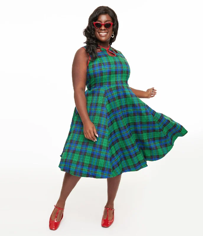  New Arrival DiscountsBanned Plus Size 1950s Green & Blue Winter Check Swing Dress New Arrival Discounts