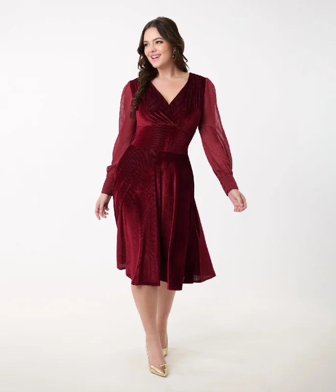  Unique Women's Fashion PiecesUnique Vintage 1950s Berry Velvet Sheer Sleeve Delores Swing Dress Unique Women's Fashion Pieces