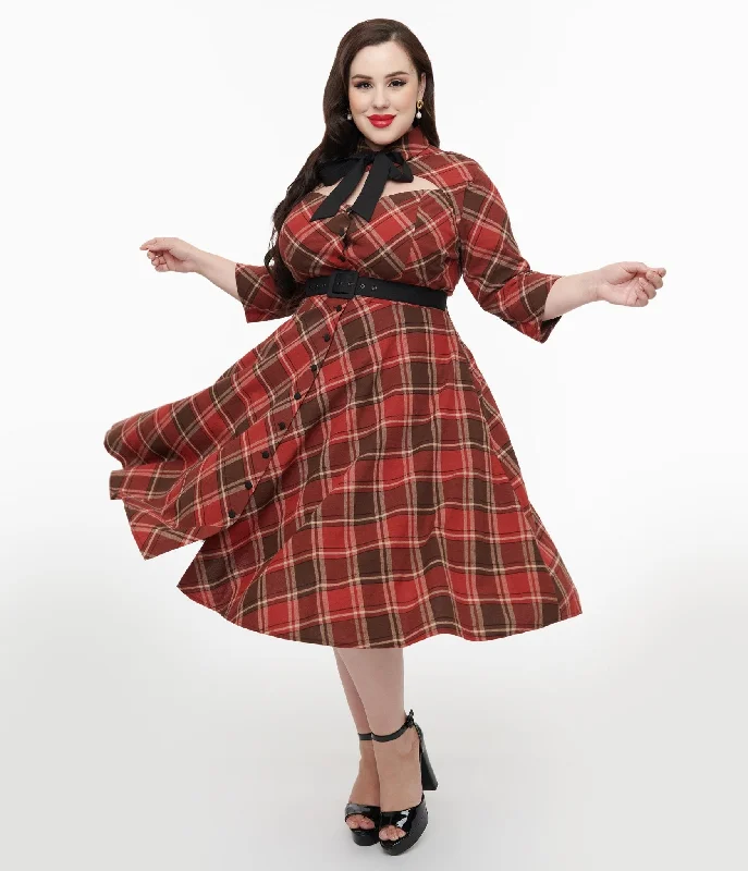  Business Casual OutfitsUnique Vintage Plus Size 1950s Red & Brown Bias Plaid Swing Dress Business Casual Outfits