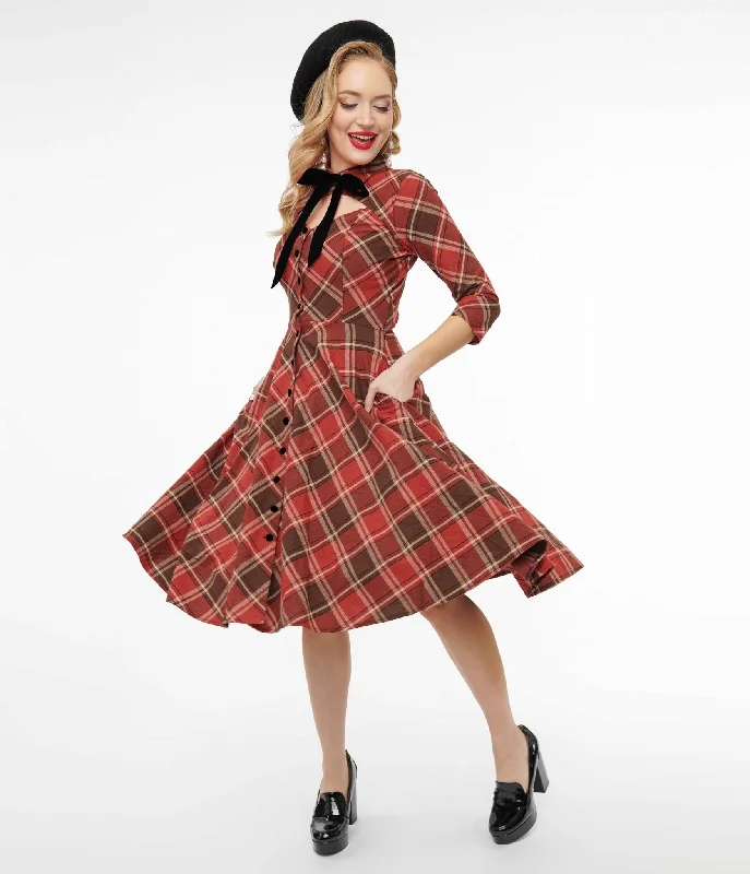  Preppy StyleUnique Vintage 1950s Red & Brown Bias Plaid Swing Dress Preppy Style