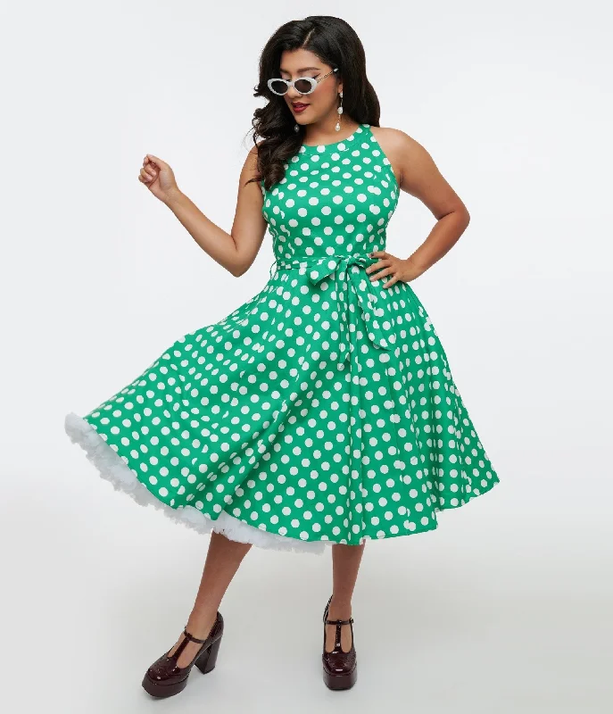  Women's Comfortable Garments1950s Green & White Polka Dot Tie Swing Dress Women's Comfortable Garments