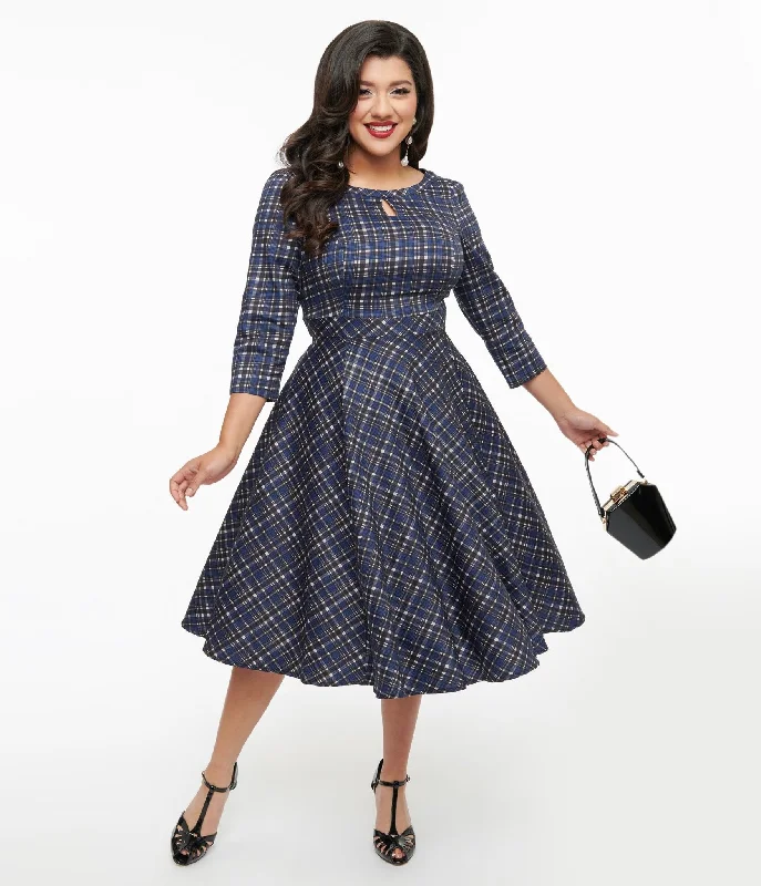  Women's Clothes And Garments1950s Navy Plaid Anna Swing Dress Women's Clothes And Garments