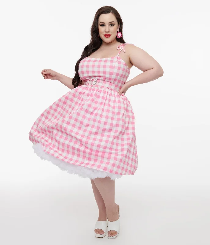  Casual WearUnique Vintage Plus Size Pink & White Gingham Bobbie Swing Dress Casual Wear