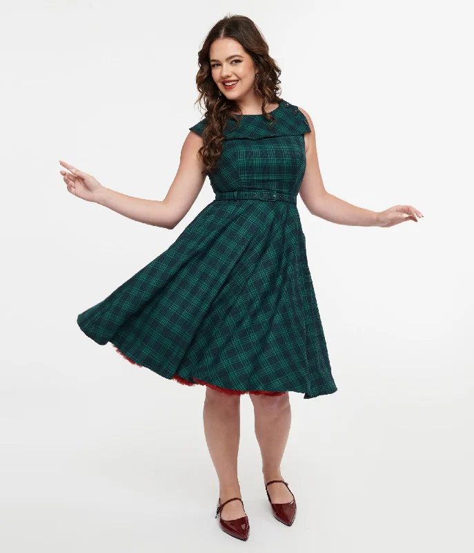  Timeless ClassicsVoodoo Vixen 1950s Green Check Fit & Flare Dress Timeless Classics