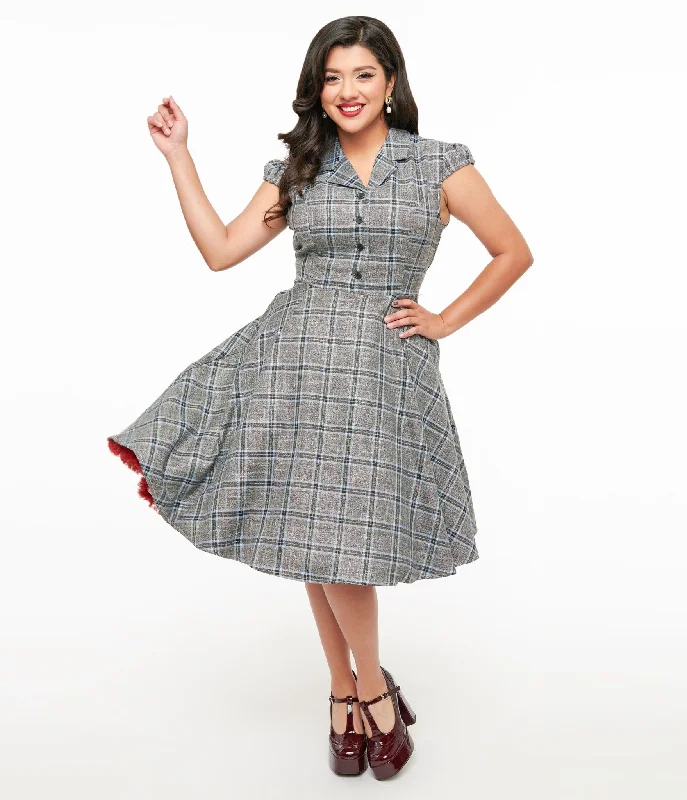  Women's Vacation Garments1950s Grey & Blue Plaid Swing Dress Women's Vacation Garments