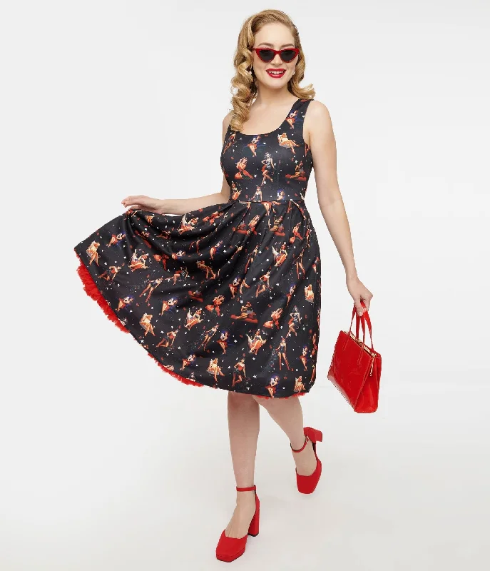  Clearance SaleDolly & Dotty 1950s Black & Pinup Print Amanda Swing Dress Clearance Sale