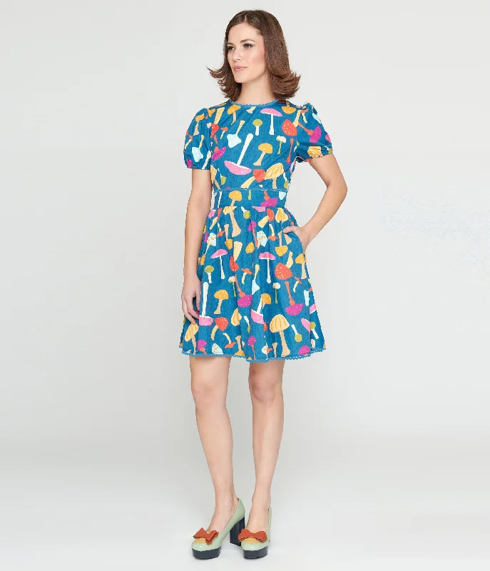  Women's Clothing For TravelSmak Parlour 1960s Navy & Rainbow Mushroom Open Back Flare Dress Women's Clothing For Travel