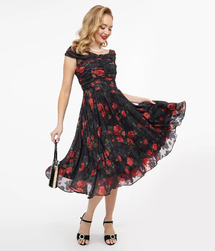  Outfits For WomenUnique Vintage 1950s Black & Red Rose Off The Shoulder Cocktail Dress Outfits For Women