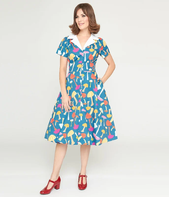  Women's Clothes For Outdoor EventsUnique Vintage Teal & Multicolor Mushroom Swing Dress Women's Clothes For Outdoor Events