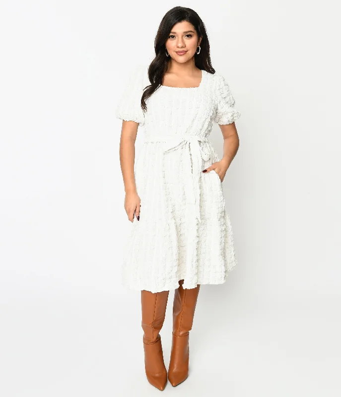  Women's Transitional ClothesIvory Textured Smock Fit & Flare Dress Women's Transitional Clothes