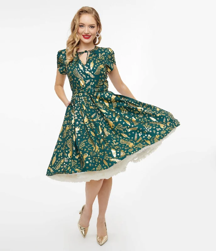  Women's Clothing For Outdoor EventsUnique Vintage 1940s Green & Gold Peacock Print Dahlia Swing Dress Women's Clothing For Outdoor Events