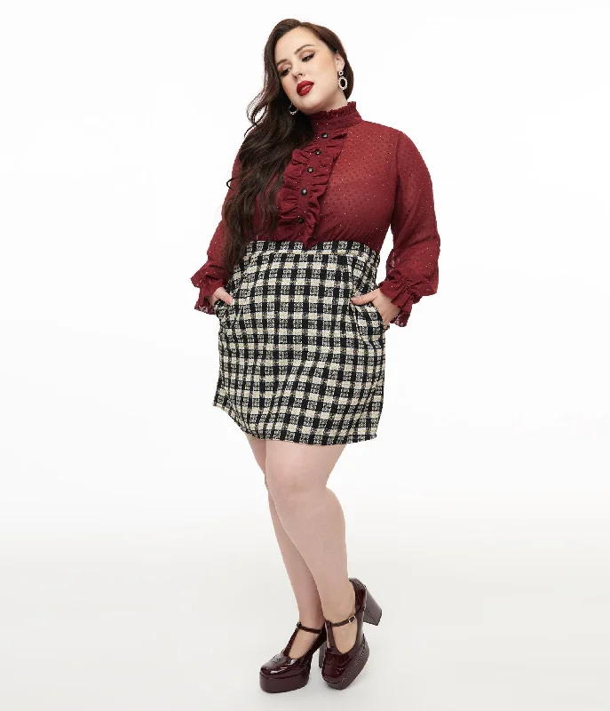  Flash DiscountSmak Parlour Plus Size 1960s Burgundy & Plaid Ruffle Neck Empire A-Line Dress Flash Discount