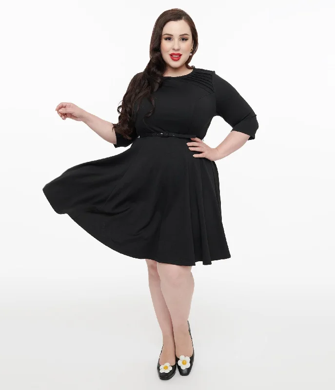  Glamorous Evening WearUnique Vintage Plus Size 1960s Black Knit Stephanie Fit & Flare Dress Glamorous Evening Wear