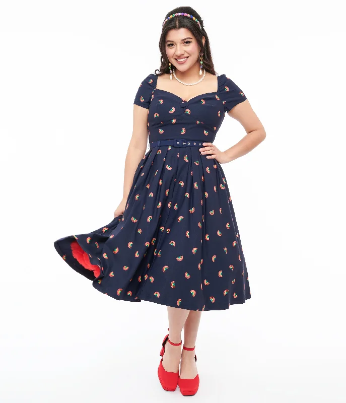  Women's Clothing For Holiday TravelUnique Vintage 1950s Navy & Rainbow Stamp Midge Swing Dress Women's Clothing For Holiday Travel