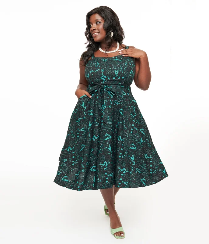  Best Boutiques OnlineMiss Lulo Plus Size 1950s Teal Sea Witch Print Lori Swing Dress Best Boutiques Online