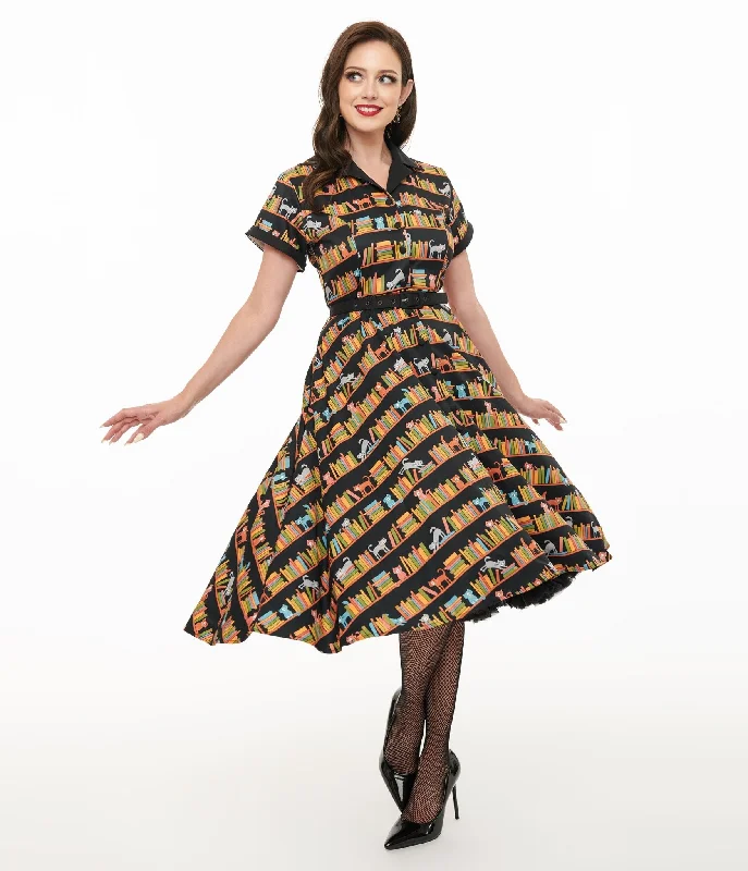  Fashion Women's ClothingUnique Vintage 1950s Cat & Bookshelf Print Alexis Swing Dress Fashion Women's Clothing