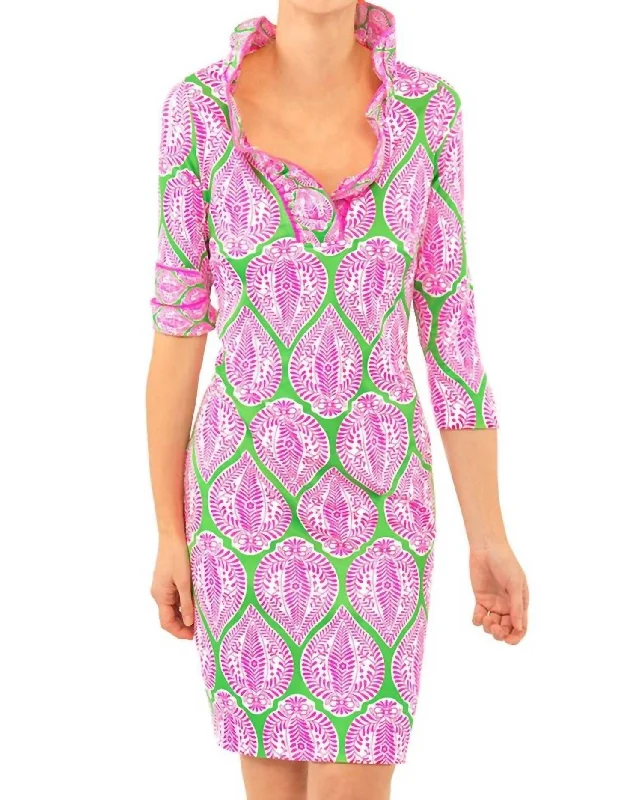  Clothes SalesIndian Summer Ruffle Neck Dress in Green/Pink Clothes Sales