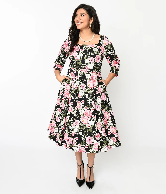  Modern Women's ClothesBlack Pink Bloom Swing Dress Modern Women's Clothes