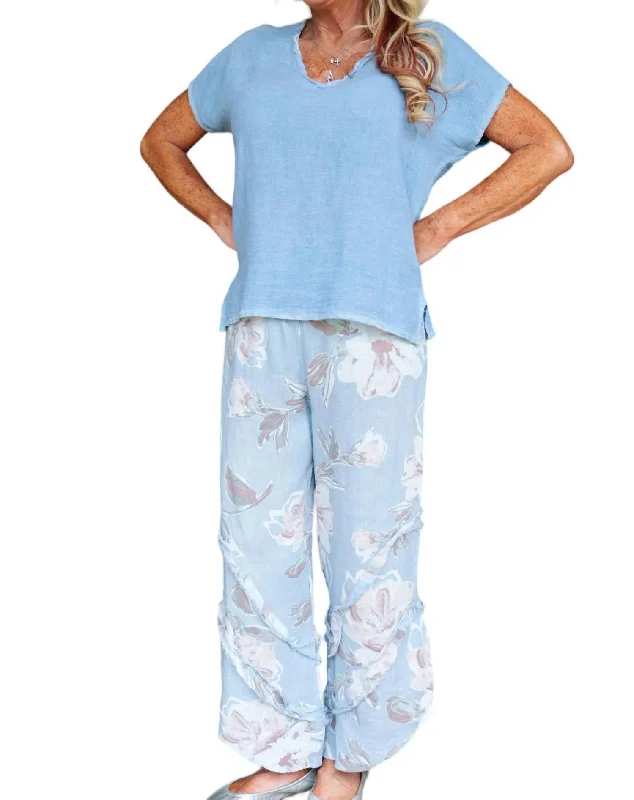  Sale On SaleFloral Linen Pants With Ruffle Detailed Leg In Dusty Blue Sale On Sale