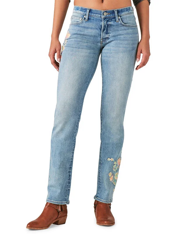  Women's Clothing ApparelWomens Floral Embroidered Straight Leg Jeans Women's Clothing Apparel