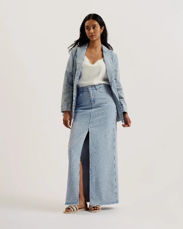  Women's Chic Outerwear OutfitDorlat Maxi Denim Skirt With Centre Front Sl Lt-Wash Women's Chic Outerwear Outfit