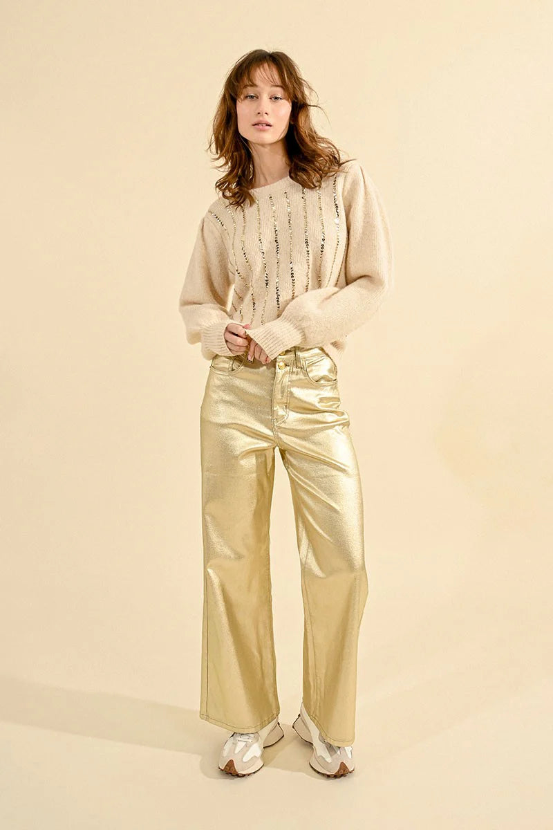  Women's ClothingHigh Waist Coated Pants - Golden Beige Women's Clothing